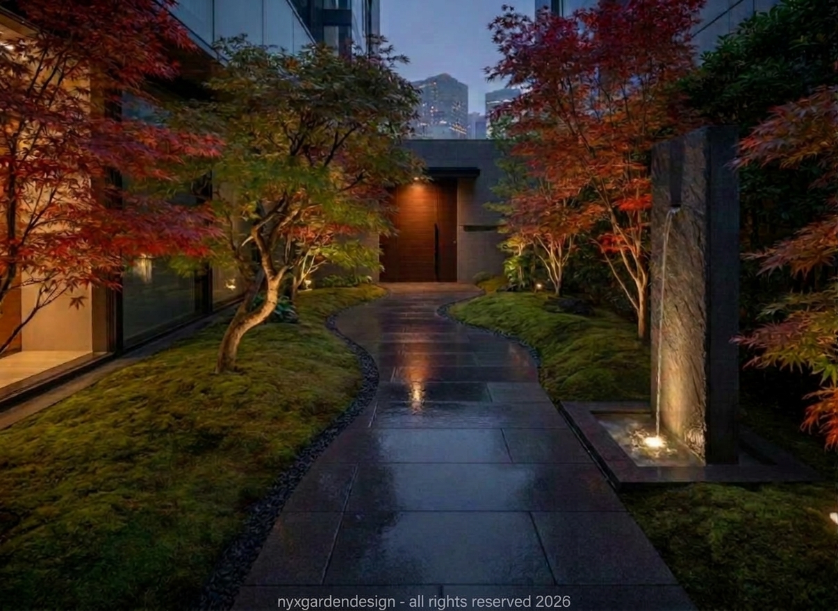 Garden design A modern Japanese night garden entrance with illuminated maple trees, a stone path, and warm architectural lighting