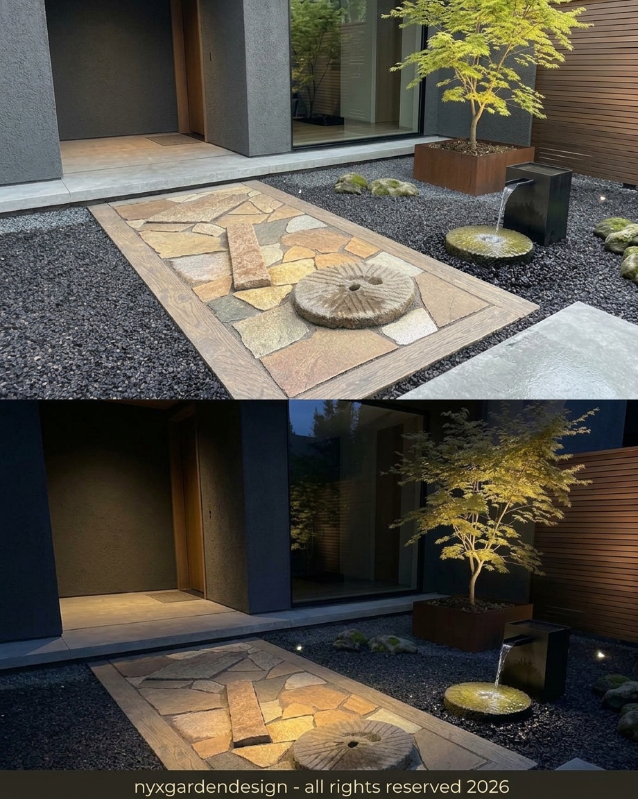 Modern Japanese garden courtyard shown by day and illuminated at night, featuring a stone path, water feature, and maple tree