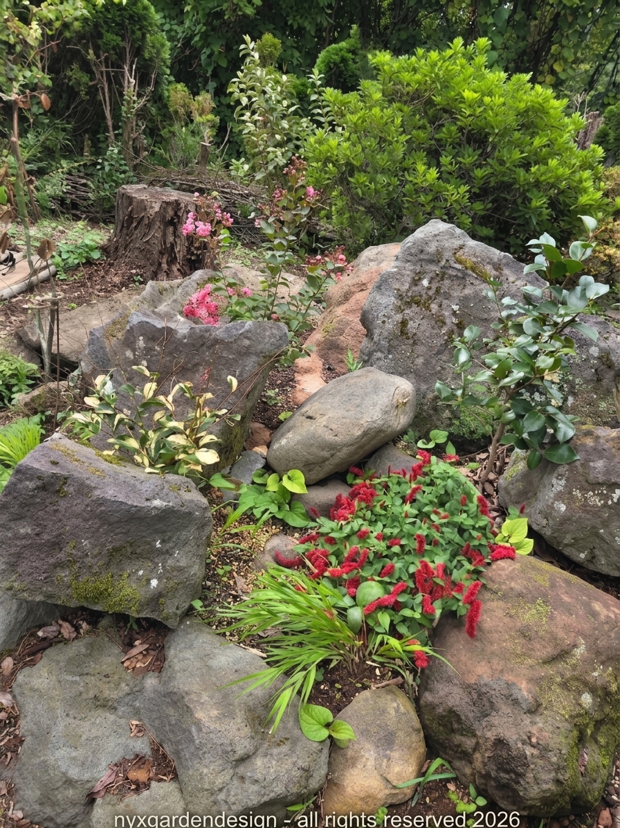 A carefully composed modern Japanese garden scene with natural rocks, flowering plants, and layered greenery