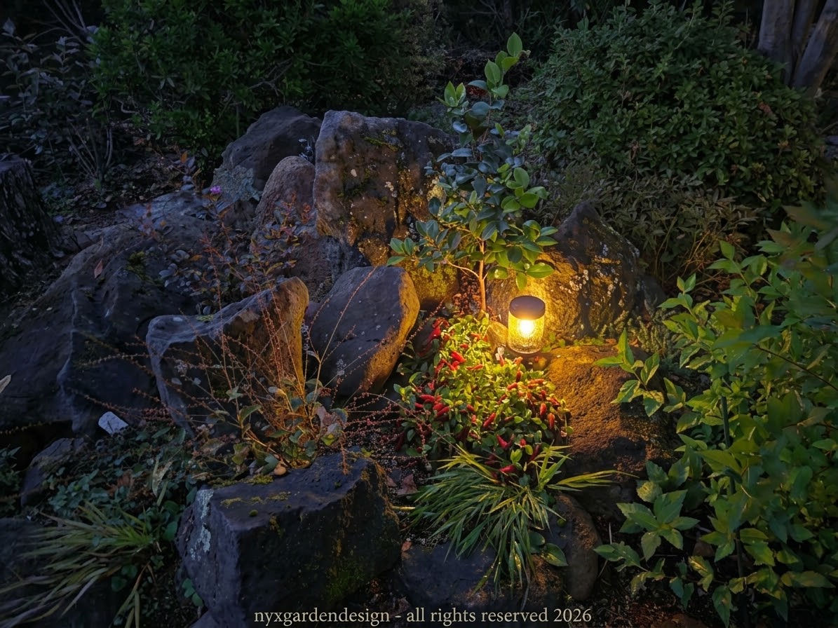A modern Japanese night garden with illuminated rocks, layered planting, and warm garden lighting