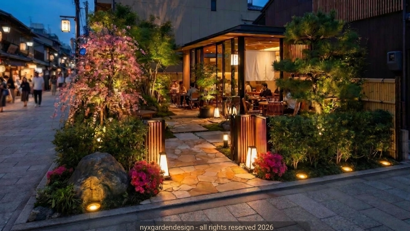 street-cafe-night-caption Japanese night garden entrance beside a warmly lit café, with stone paths, layered planting, and garden lighting